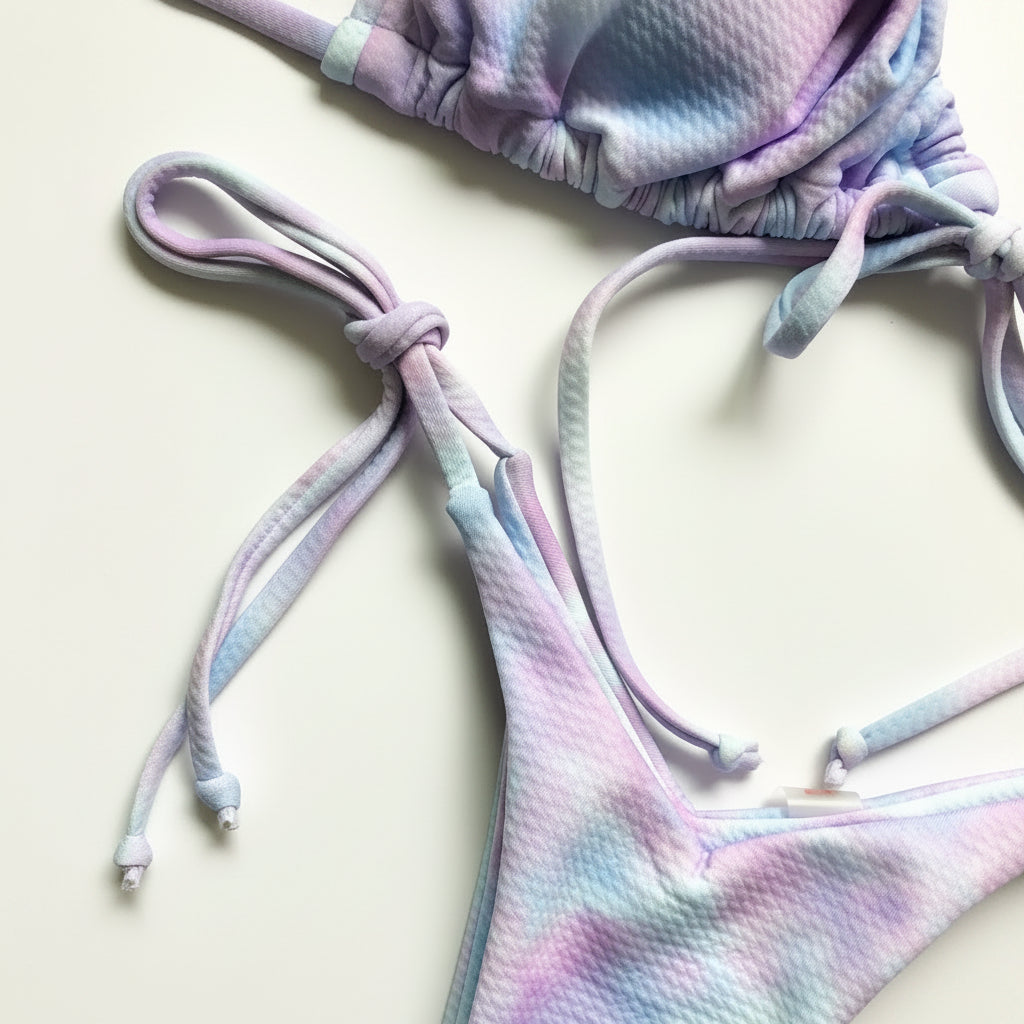 Pastel tie-dye bikini set on a wooden surface with green leaves.